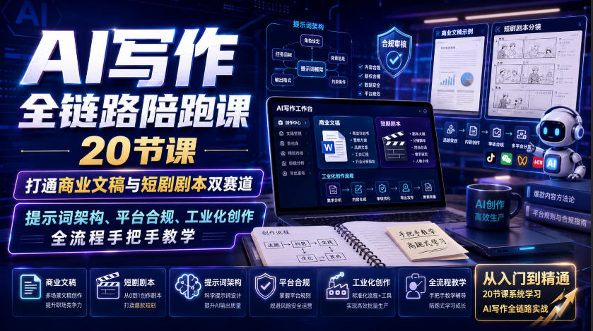 AI写作全链路陪跑课｜20节课打通商业文稿与短剧剧本双赛道，提示词架构、平台合规、工业化创作全流程手把手教学-副业资源网