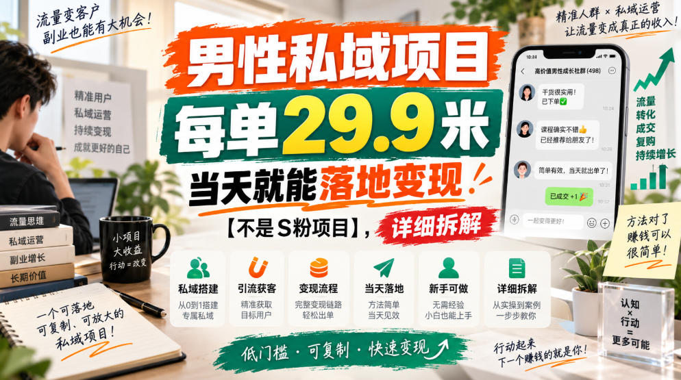 男性私域项目，每单29.9米，当天就能落地变现【不是S粉项目】，详细拆解-副业资源网