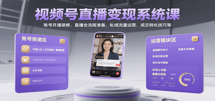 视频号直播变现系统课，账号开通装修、直播全流程准备、私域流量运营、成交转化技巧等-副业资源网