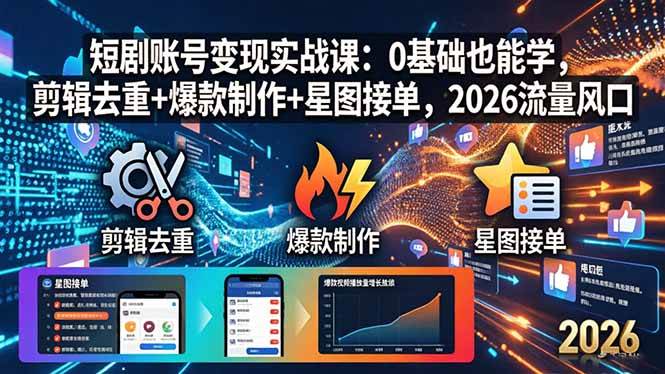 （18160期）短剧账号变现实战课：0基础也能学，剪辑去重+爆款制作+星图接单，2026流量风口-副业资源网