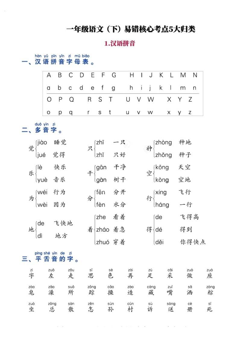 一年级下语文期末复习易错核心考点