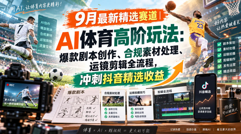 某大佬的9月最新精选赛道之AI体育顶级玩法，爆款剧本创作、版权规避、运镜剪辑全流程，稳拿抖音精选收益-副业资源网