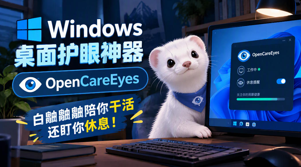 Windows桌面护眼神器OpenCareEyes，白鼬鼬鼬陪你干活还盯你休息！-副业资源网