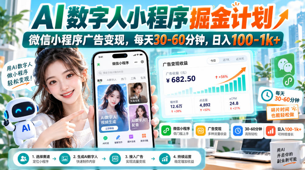 【无水印】AI数字人小程序掘金计划，微信小程序广告变现，每天30‑60分钟，日入100‑1k+-副业资源网