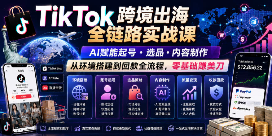 TikTok跨境出海全链路实战课，AI赋能起号・选品・内容制作，从环境搭建到回款全流程，零基础賺美刀-副业资源网