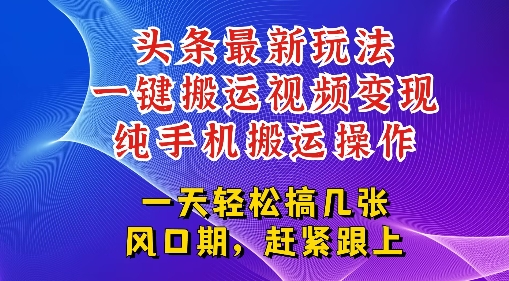 今日头条最新玩法，一键搬运视频也能轻松变现，随随便便就爆百W流量，新风口新玩法-副业资源网