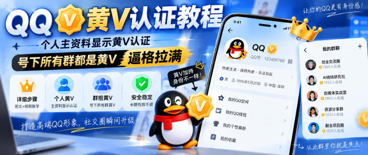 QQ黄V认证教程，个人主资料显示黄V认证，号下所有群都是黄V，逼格拉满-副业资源网