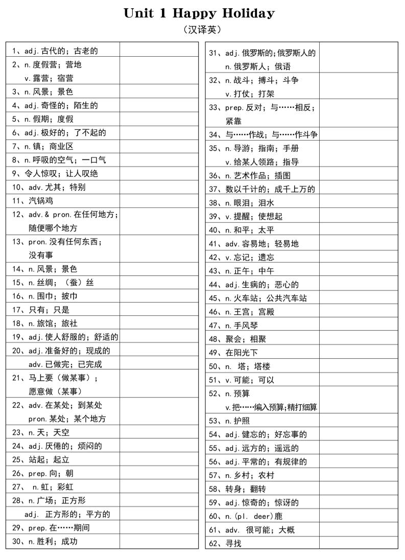 新八年级上英语单词汉译英（人教版）-副业资源网