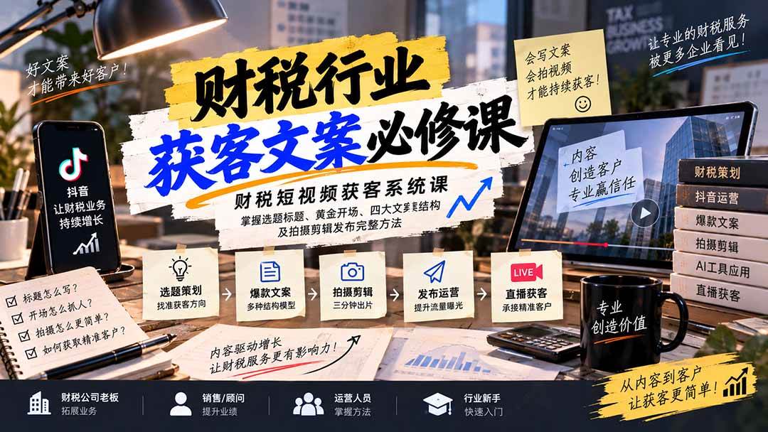 （20591期）财税短视频获客系统课：掌握选题标题、黄金开场、四大文案结构及拍摄剪辑发布完整方法-副业资源网