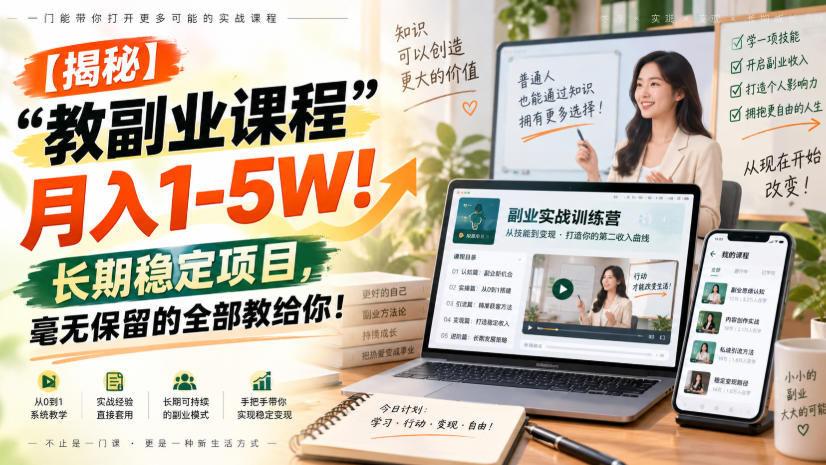 【揭秘】“教副业课程”月入1-5W！长期稳定项目，毫无保留的全部教给你！-副业资源网