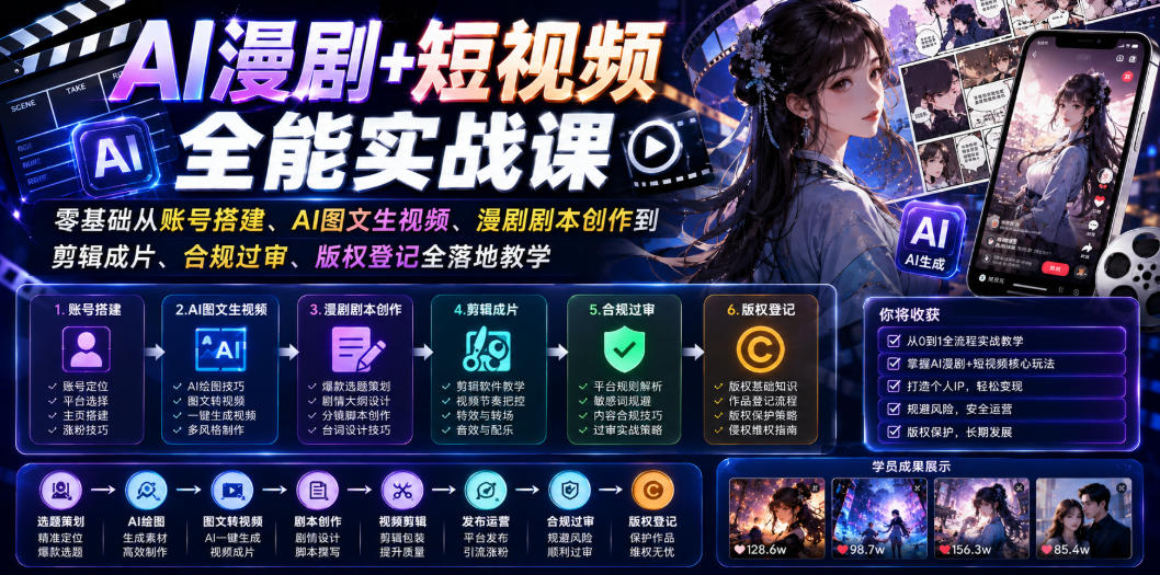 AI漫剧+短视频全能实战课｜零基础从账号搭建、AI图文生视频、漫剧剧本创作到剪辑成片、合规过审、版权登记全落地教学-副业资源网