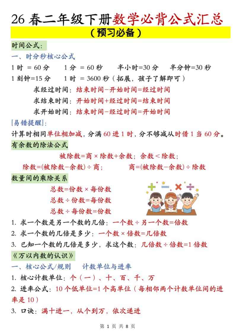 二年级下数学必背公式汇总《人教版》-副业资源网