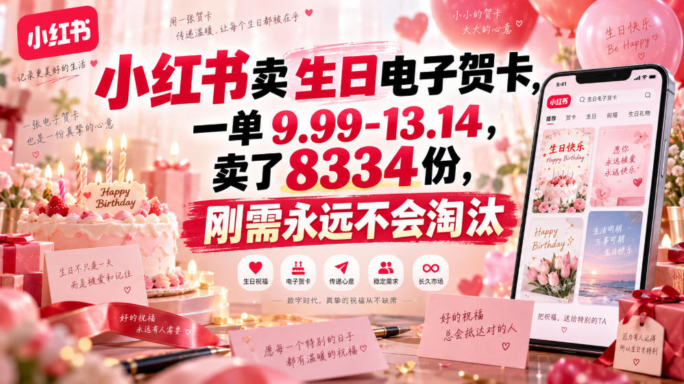 小红书卖生日电子贺卡，一单9.99-13.14，卖了8334份，刚需永远不会淘汰-副业资源网