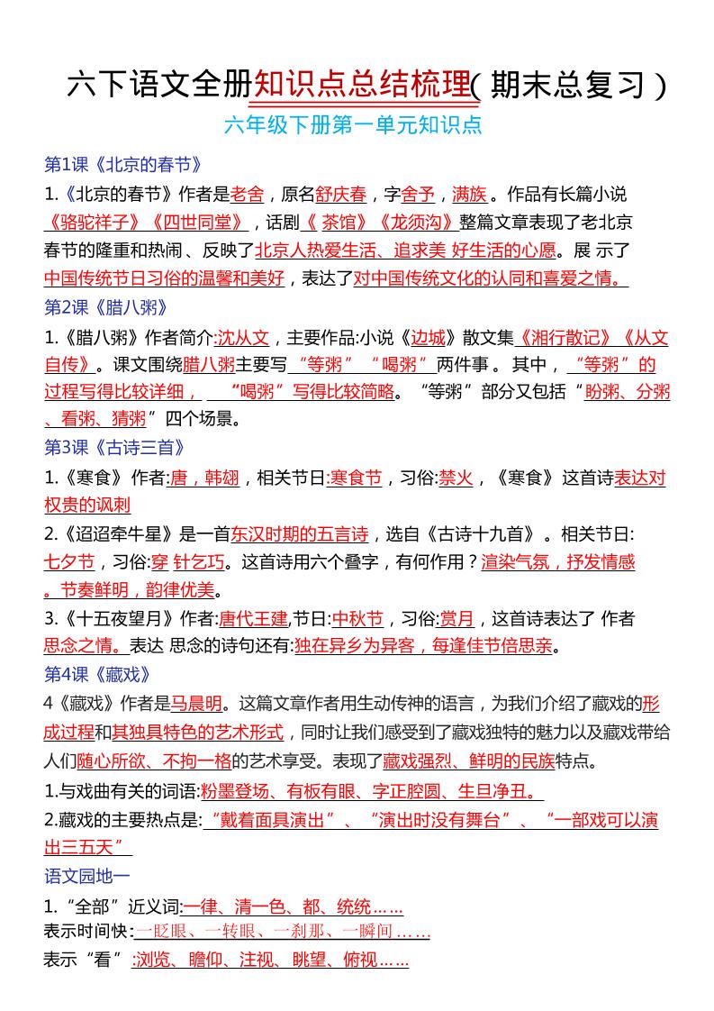 六年级下语文期末复习常考知识点总结-副业资源网