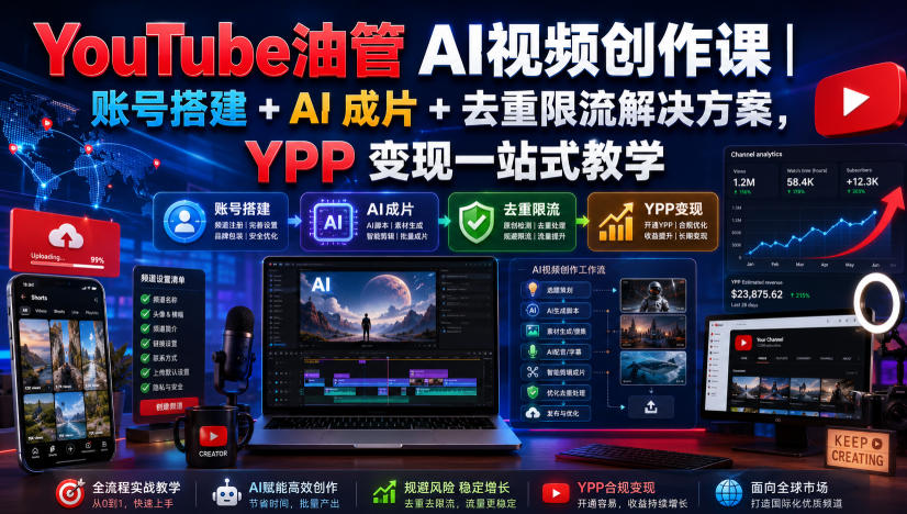 YouTube油管AI视频创作课｜账号搭建+AI成片+去重限流解决方案，YPP变现一站式教学-副业资源网