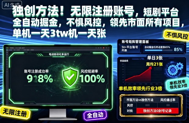 独创方法！无限注册账号，短剧平台全自动掘金，不惧风控，领先市面所有项目，单机一天3张【揭秘】-副业资源网