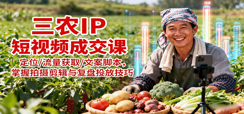 三农IP短视频成交课：定位/流量获取/文案脚本，掌握拍摄剪辑与复盘投放技巧-副业资源网