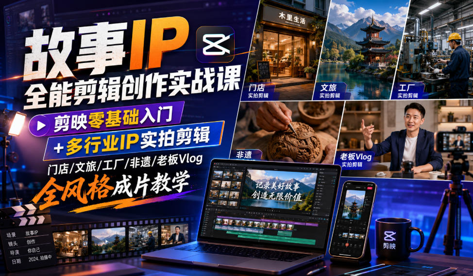 故事IP全能剪辑创作实战课｜剪映零基础入门+多行业IP实拍剪辑，门店/文旅/工厂/非遗/老板Vlog全风格成片教学-副业资源网