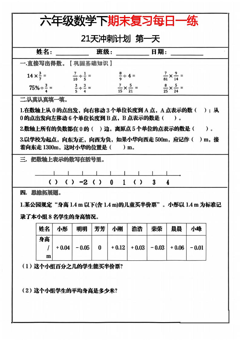 六年级下数学期末冲刺21天计划-副业资源网