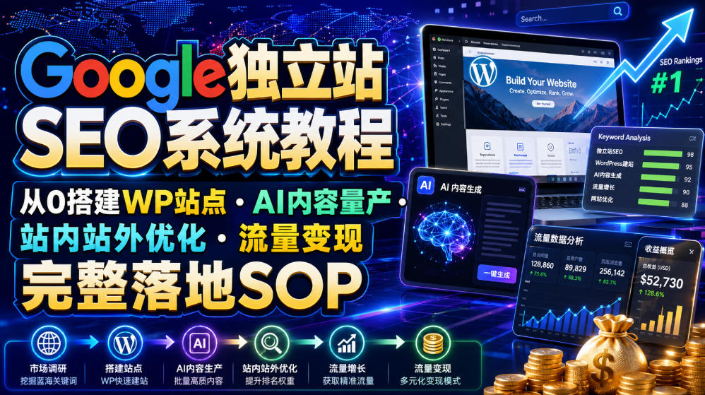 Google独立站SEO系统教程,从0搭建WP站点・AI内容量产・站内站外优化・流量变现完整落地SOP(2026年7月)-副业资源网