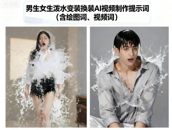 男生女生泼水变装换装AI视频制作提示词(含绘图词、视频词)-副业资源网