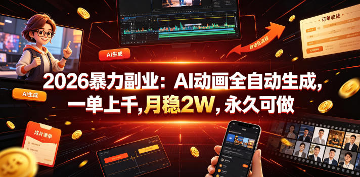 2026暴力副业：AI动画全自动生成，一单上千，月稳2W，永久可做【揭秘】-副业资源网