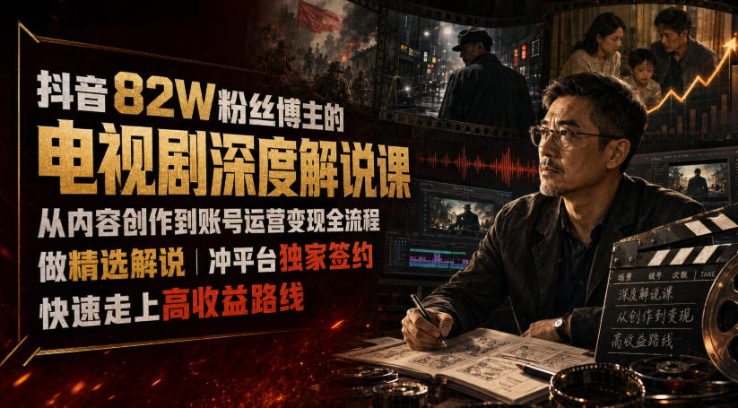 抖音82W粉丝博主的电视剧深度解说课，从内容创作到账号运营变现全流程，做精选解说，冲平台独家签约，快速走上高收益路线-副业资源网