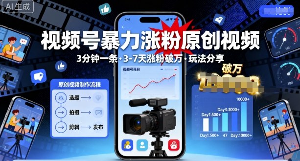 视频号暴力涨粉原创视频，3分钟一条原创视频，3-7天涨粉破万，玩法分享给你-副业资源网