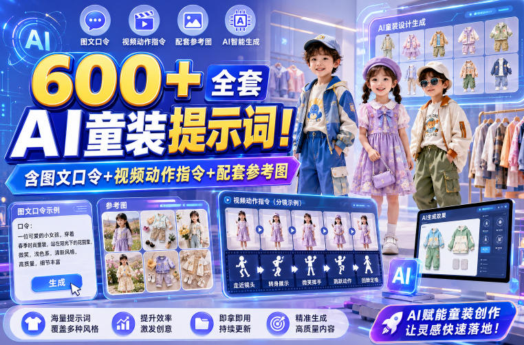 600+全套AI童装提示词！含图文口令+视频动作指令+配套参考图，Word-Excel规整分类，童装电商、种草无脑量产内容！-副业资源网