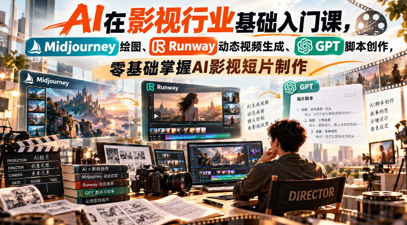 【无水印】AI在影视行业基础入门课，Midjourney绘图、Runway动态视频生成、GPT脚本创作，零基础掌握AI影视短片制作-副业资源网