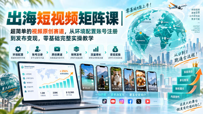 出海短视频矩阵课｜超简单的视频原创赛道，从环境配置账号注册到发布变现，零基础完整实操教学-副业资源网