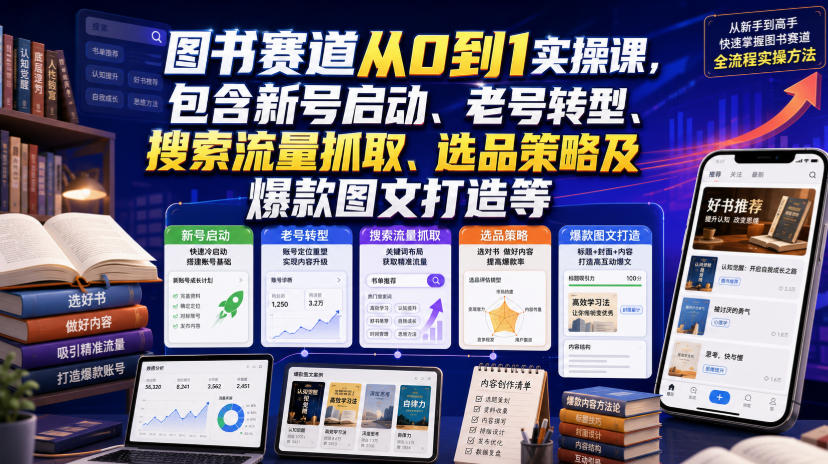图书赛道从0到1实操课，包含新号启动、老号转型、搜索流量抓取、选品策略及爆款图文打造等-副业资源网
