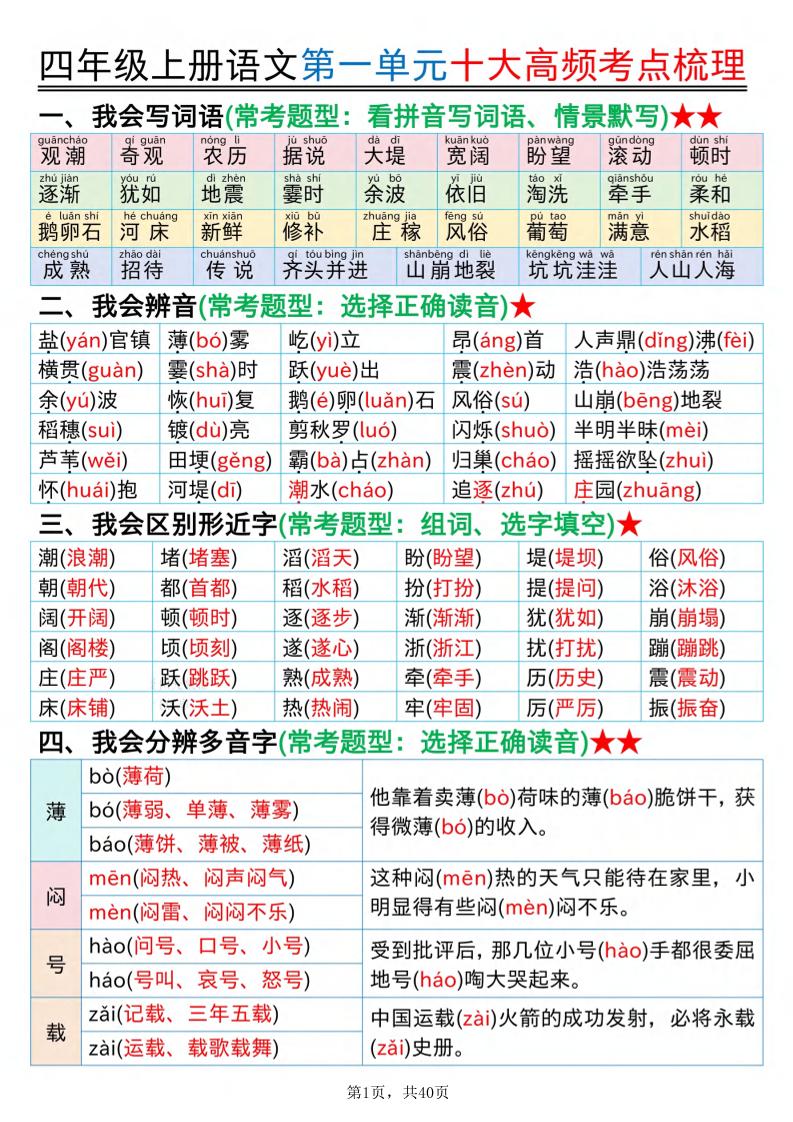 四上语文1-8单元十大高频考点梳理（40页）-副业资源网