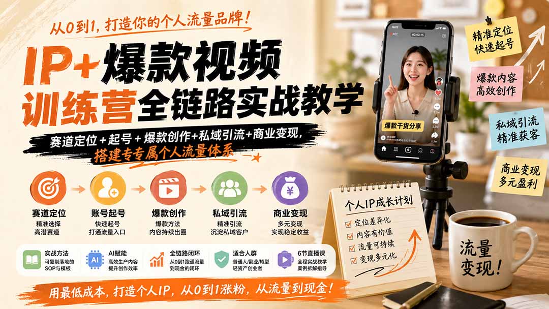 IP+爆款视频训练营全链路实战教学;赛道定位+起号+爆款创作+私域引流+商业变现,搭建专属个人流量体系-副业资源网