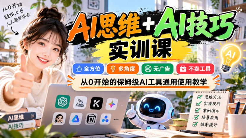 【无水印】AI思维+AI技巧实训课，全方位、多角度、无广告、不卖工具，从0开始的保姆级AI工具通用使用教学-副业资源网