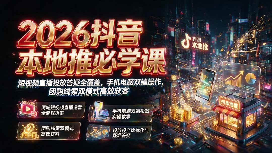 (19618期)2026抖音本地推必学课|短视频直播投放答疑全覆盖,手机电脑双端操作,团购线索双模式高效获客-副业资源网