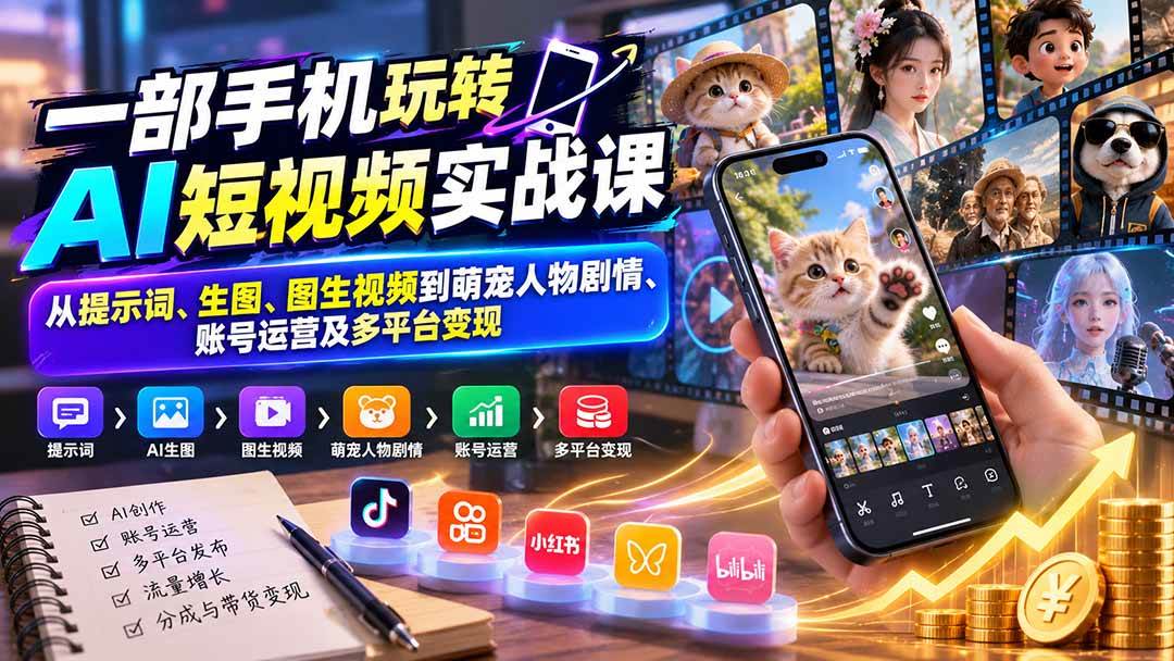 （20663期）一部手机玩转AI短视频实战课：从提示词、生图、图生视频到萌宠人物剧情、账号运营及多平台变现-副业资源网