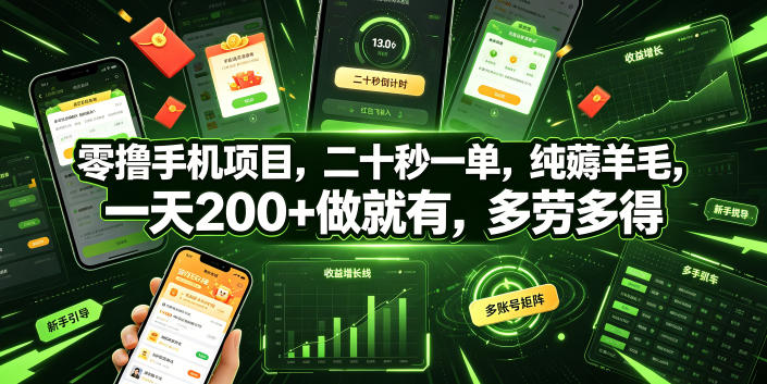 零撸手机项目，二十秒一单，纯薅羊毛，一天200+做就有，多劳多得【揭秘】-副业资源网
