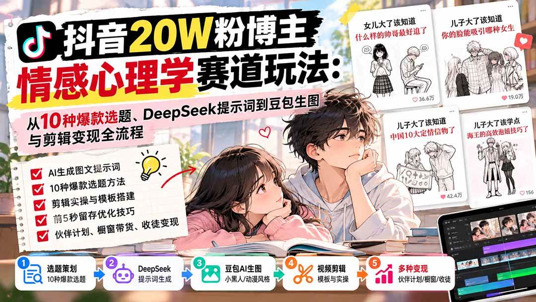 （20688期）抖音20W粉博主-情感心理学赛道玩法：从10种爆款选题、DeepSeek提示词到豆包生图与剪辑变现全流程-副业资源网