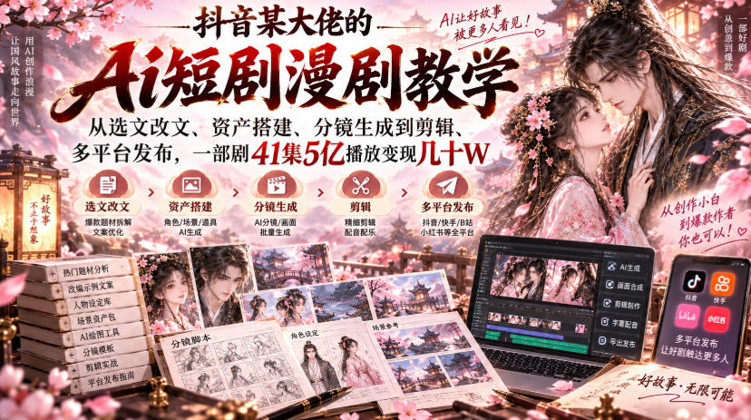 抖音某大佬的Ai短剧漫剧教学，从选文改文、资产搭建、分镜生成到剪辑、多平台发布，一部剧41集5亿播放变现几十W-副业资源网