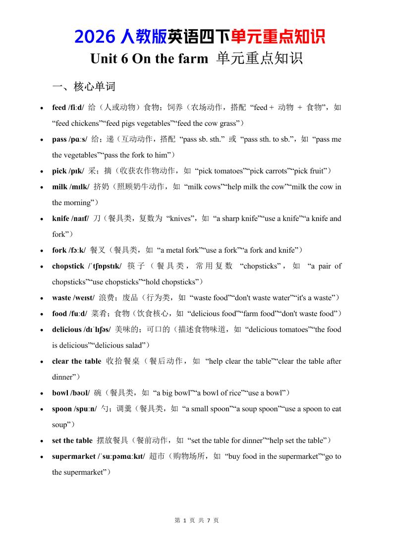 四年级下英语Unit6重点知识汇总《人教版PEP》-副业资源网