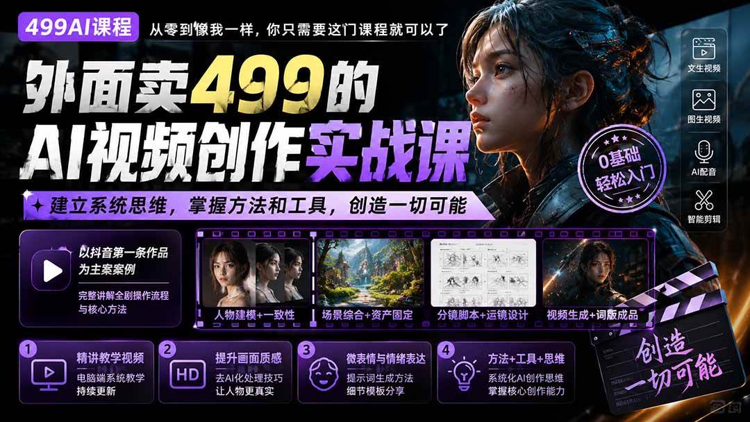 （20307期）外面卖499的AI视频创作实战课：建立系统思维，掌握方法和工具，创造一切可能。-副业资源网