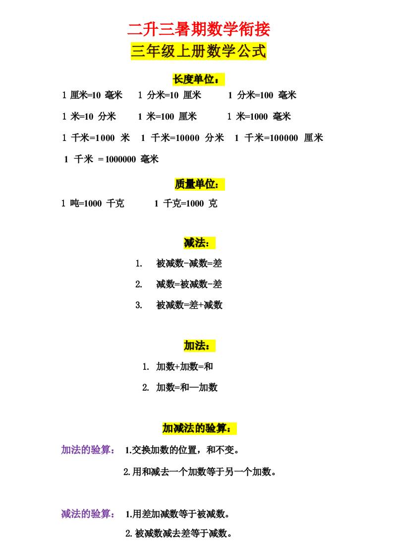 三年级上册数学公式-副业资源网