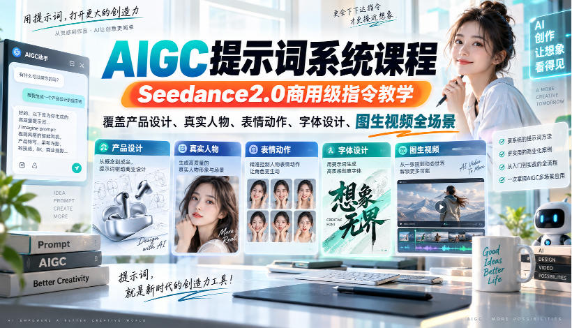 AIGC提示词系统课程，Seedance2.0商用级指令教学，覆盖产品设计、真实人物、表情动作、字体设计、图生视频全场景-副业资源网