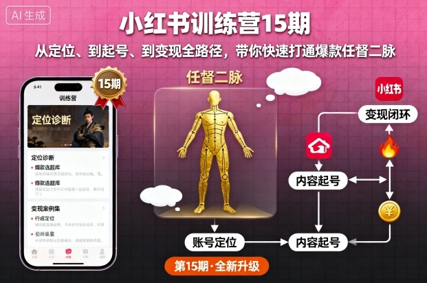 小红书训练营15期,从定位、到起号、到变现全路径,带你快速打通爆款任督二脉-副业资源网