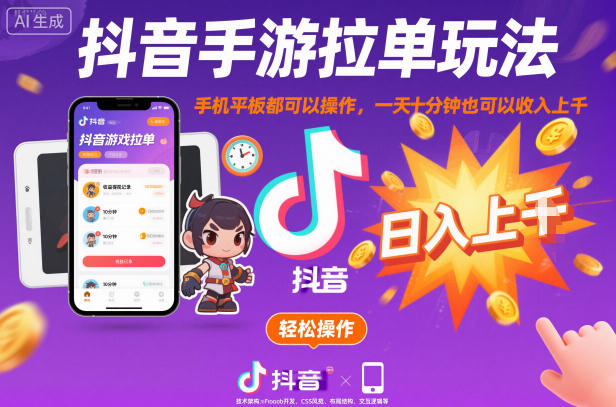 抖音手游拉单玩法，手机平板都可以操作，一天十分钟也可以收入上K【揭秘】-副业资源网