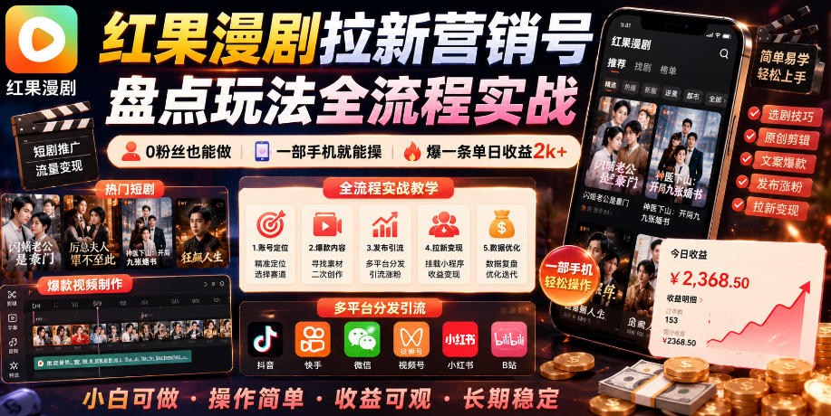 红果漫剧拉新营销号盘点玩法全流程实战，0粉丝也能做，一部手机就能做，爆一条单日收益2k+（更新0628）-副业资源网
