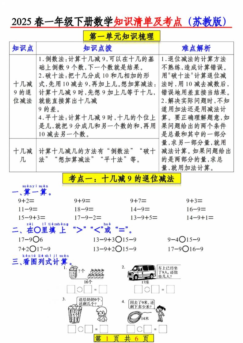 一年级下数学知识清单及考点《苏教版》-副业资源网