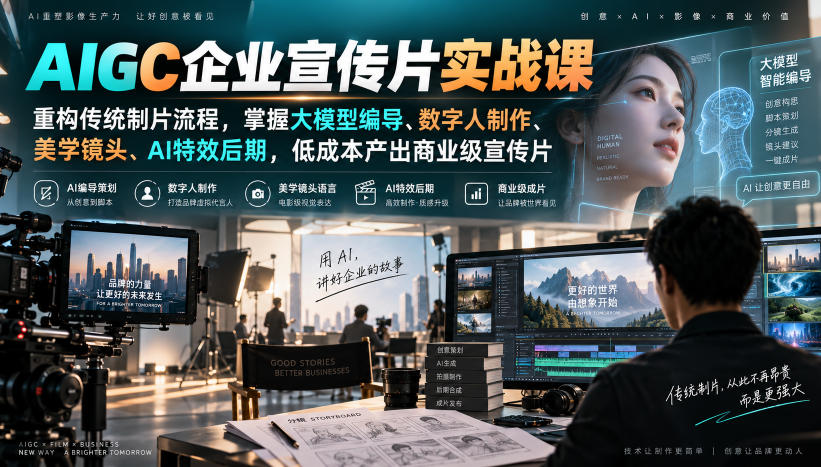 AIGC企业宣传片实战课，重构传统制片流程，掌握大模型编导、数字人制作、美学镜头、AI特效后期，低成本产出商业级宣传片-副业资源网