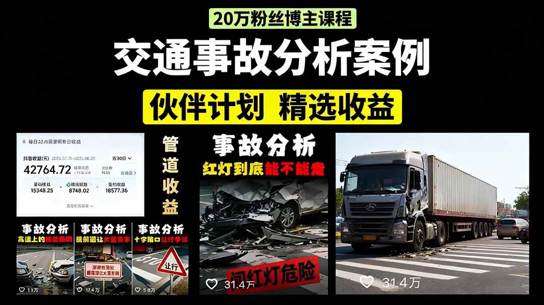 （15995期）交通事故分析案例短视频，剪辑技巧+文案模板+配音教学+快速起号 月收益2w+-副业资源网